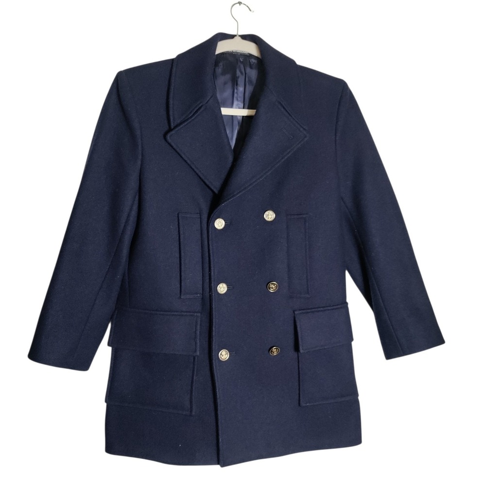Vintage Made in England Wool Blend Pea Coat Navy Blue Gold Anchor Buttons